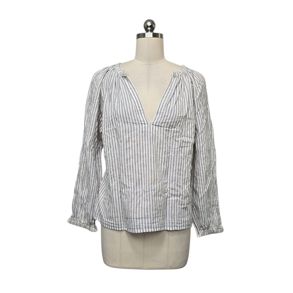 Nili Lotan Striped Cotton V-Neck Blouse White Grey Blue Relaxed Fit Top Medium